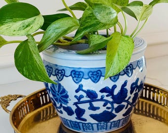 Vintage Blue and White Porcelain Ceramic Planter - Hand-Painted Floral & Scroll Chinoiserie Motif Cachepot