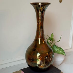 Large Art Nouveau Style Metallic Lustre Studio Art Pottery Vase, Raku Ceramic Trumpet Gourd Vessel, Color-Shifting Copper & Gold
