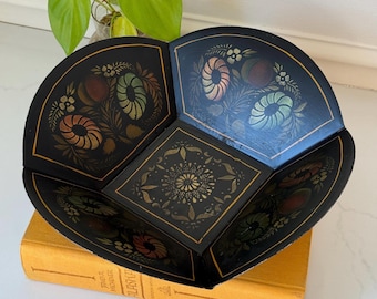 Vintage Toleware Apple Bowl | Hand-Painted Folk Art Tin Bread Basket | Mid-Century Black & Gold Stenciled Metal Fruit Bowl