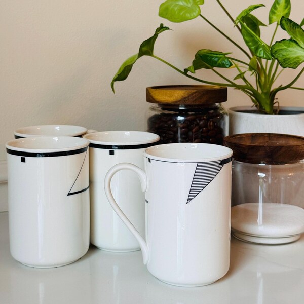 Vintage Black and White Art Deco Coffee Mugs, Set of 4 | Christopher Stuart Optima "Angles" Cappuccino Mugs