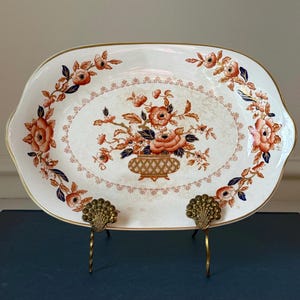 Vintage Crown Staffordshire Serving Platter, Royal Windsor Pattern, English Bone China Oval Dish, Orange and Cobalt Blue Imari Floral Basket
