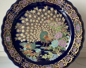 Vintage 14" Moroccan Taous Plate – Authentic "Al-Tawous Al-Hor" – Large Cobalt Blue & Gold Peacock Platter