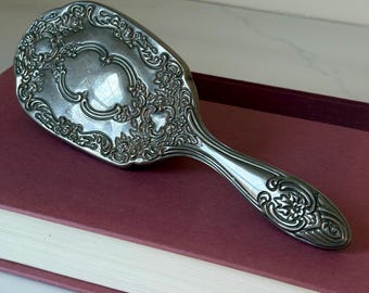 Vintage Ornate Silver Plated Hair Brush | Heavy Embossed Floral Vanity Brush | Art Nouveau Style Victorian Dresser Decor