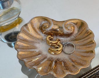 Vintage 1950s Ceramic Shell Soap or Trinket Dish | Gold Speckled White Glaze