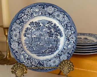 Set of 6 Vintage Liberty Blue Monticello Bread Plates | Staffordshire Ironstone England Blue and White China
