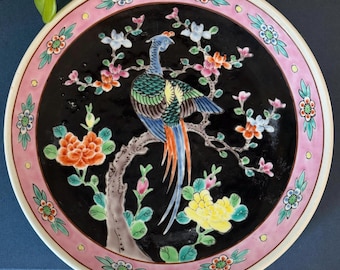 Antique Japanese Yamatoku Porcelain Plate, 11" – Hand-Painted Pheasant & Peonies – Famille Noire Arita Ware