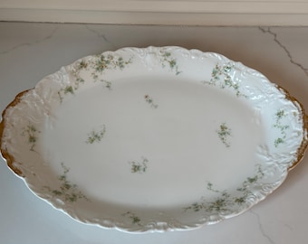 Antique Theodore Haviland Limoges Serving Dish 16" | Gold Scalloped Edge | French Porcelain Floral Sprigs