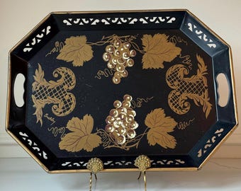 Large Vintage Pilgrim Art Toleware Tray - Hand Painted Gold Grapes & Leaves - 18" Octagonal Black Metal Serving Platter