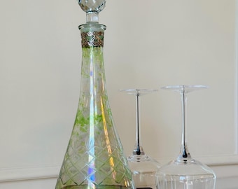 Vintage Iridescent Cut Glass Liquor Decanter with Stopper & Silver Filigree Collar – Mid-Century Barware, Rainbow Luster