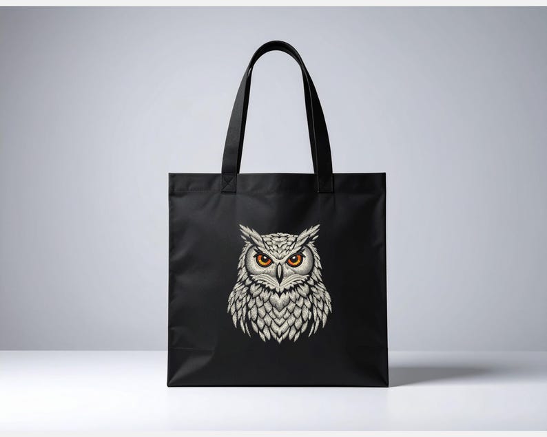 Vit uggla broderidesign, digital fil för maskinbroderi på svart textil, realistiskt skogsfågelmönster, majestätisk nattfågel bild 8