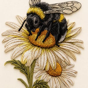 Könnte beinhalten: Ein aufwendiges Stickmotiv, das eine flauschige Hummel mit schwarz-gelben Streifen auf zwei weißen Gänseblümchen mit gelben Mitten zeigt. Die Hummel hat detaillierte Flügel und schwarze Beine, während die Blumen grüne Stängel und Blätter haben.