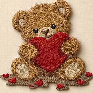 Peut inclure: Un écusson brodé représentant un ours en peluche marron à l'aspect texturé. L'ours est assis et tient un grand cœur rouge uni. La base de l'écusson est une forme de branche marron clair décorée de plusieurs petits cœurs rouges.