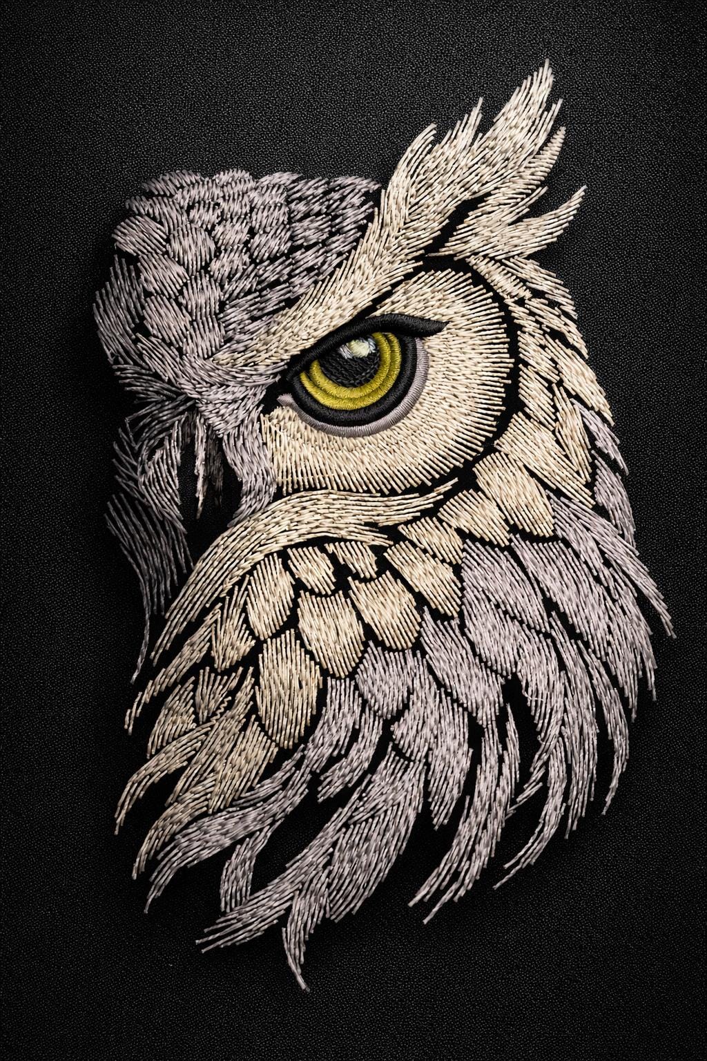 White Owl Embroidery Design, Digital File for Machine Embroidery on Black Textile, Realistic Woodlan