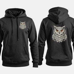 Vit uggla broderidesign, digital fil för maskinbroderi på svart textil, realistiskt skogsfågelmönster, majestätisk nattfågel bild 2
