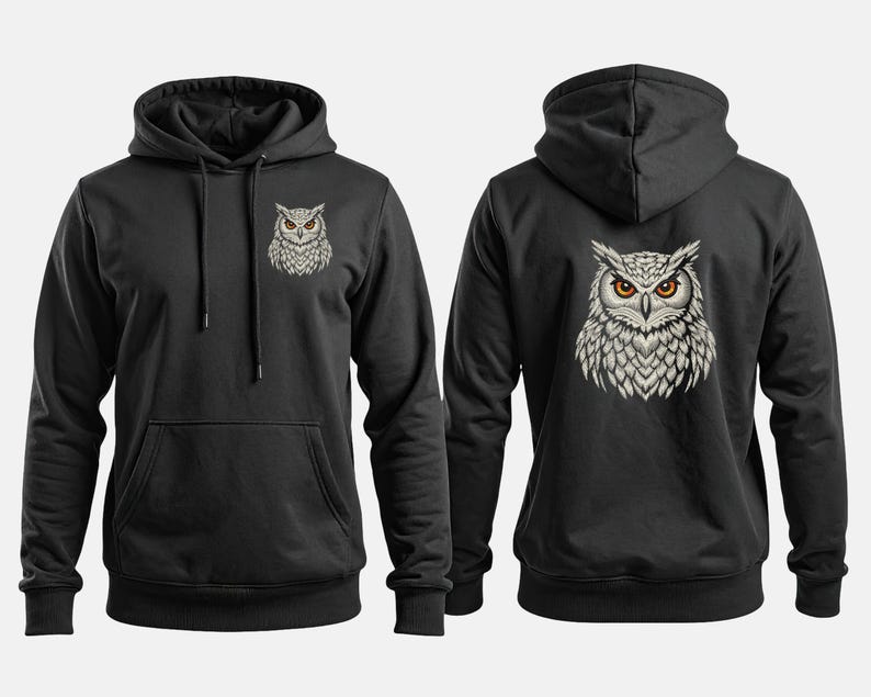 Vit uggla broderidesign, digital fil för maskinbroderi på svart textil, realistiskt skogsfågelmönster, majestätisk nattfågel bild 2