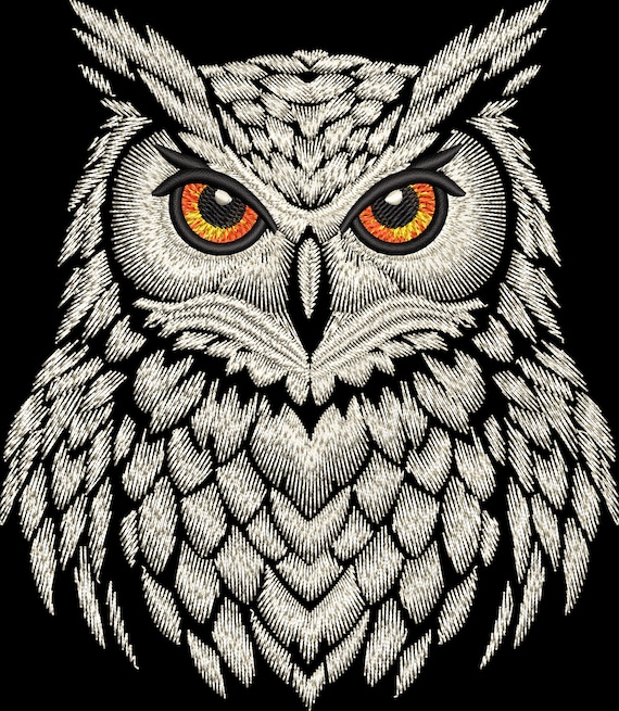 White Owl Embroidery Design, Digital File for Machine Embroidery on Black Textile, Realistic Woodland Bird Pattern, Majestic Night Bird