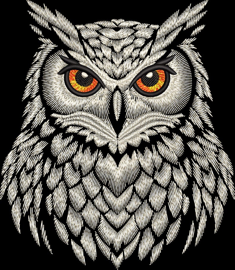 Vit uggla broderidesign, digital fil för maskinbroderi på svart textil, realistiskt skogsfågelmönster, majestätisk nattfågel bild 1