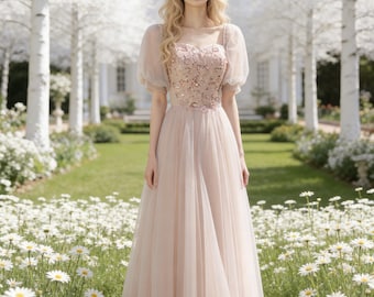 Blush Pink Puffärmel Tüll Maxikleid - Floral Beaded Garden Kleid