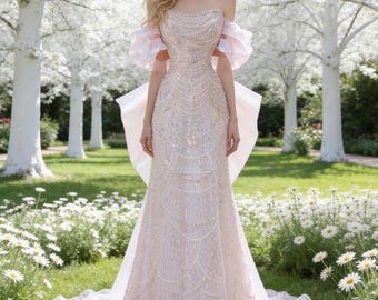 Blush Pink Off-The-Shoulder Beaded Mermaid Bridesmaid Dress – Sparkling Tulle Gown