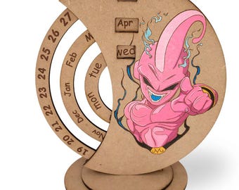 Calendario perpetuo di Majin Buu, decorazione anime in legno | Inciso e dipinto a mano | Regalo personalizzato per bambini appassionati di Buu, artigianato geek