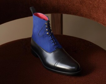 Dwukolorowe buty męskie Balmoral, czarne skórzane, niebieskie, materiałowe, oksfordzkie
