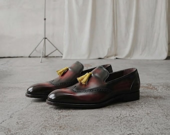 Men's Burgundy Tassel Loafers, Black Leather Wingtip Brogue Dress Shoes
