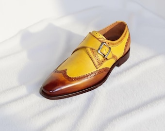 Men's Saffron Cognac Leather Wingtip Brogue Single Monk Strap Shoes