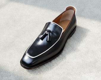 Handmade Men's Black Leather Tassel Loafers, White Piping Square Toe Slip On Shoes