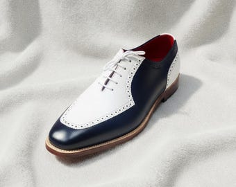 Handmade Navy White Leather Wingtip Oxford Dress Shoes, Two Tone Brogue Wedding Gift
