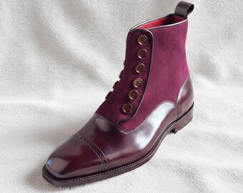 Handmade Men's Burgundy Button Boots, Leather Cap Toe Victorian Dress Boots, Wedding Groomsmen Gift