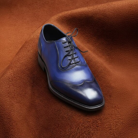Men's Navy Blue Leather Cap Toe Oxford Shoes, Handmade Lace Up Dress Shoes