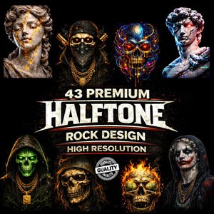Puede incluir: Diseño de arte digital con ilustraciones de calaveras y estatuas. La imagen incluye el texto "43 Premium Halftone Rock Design High Resolution" y una insignia de "Guarantee Quality". Las calaveras presentan varios diseños, incluyendo llamas y efectos de neón.