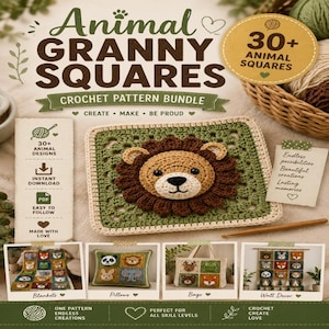 Puede incluir: Un paquete de patrones de ganchillo titulado Animal Granny Squares que presenta un cuadrado central verde con una cara de león tejida. El documento incluye texto para más de 30 diseños de animales, descarga instantánea y formato PDF, con fotos de mantas, almohadas, bolsos y decoración de pared.