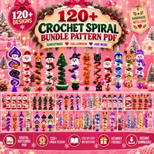 May include: A digital bundle of 120+ crochet spiral patterns in PDF format, featuring various holiday-themed ornaments like snowmen, reindeer, Christmas trees, pumpkins, and ghosts, with step-by-step instructions for beginner-friendly projects.