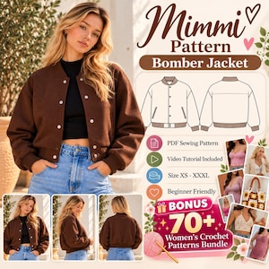 May include: A brown bomber jacket with a button-front closure, ribbed collar, and cuffs. The image includes a technical line drawing of the jacket, text reading Mimmi Pattern Bomber Jacket, and a bonus bundle of 70+ crochet patterns.