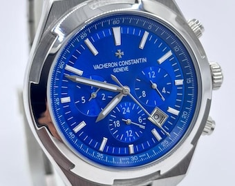 Odnowiony męski luksusowy zegarek na rękę VACHERON CONSTANTIN GENEVE z niebieską tarczą i automatycznym mechanizmem oraz paskiem ze stali nierdzewnej