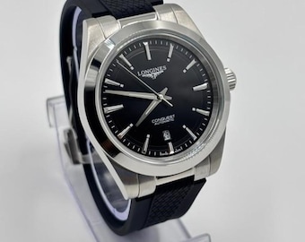 Odnowiony męski zegarek na rękę LONGINES CONQUEST z czarną tarczą i wskaźnikiem daty, mechanizm automatyczny