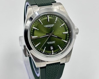 Odnowiony męski zegarek na rękę LONGINES CONQUEST z zieloną tarczą i wskaźnikiem daty, mechanizm automatyczny
