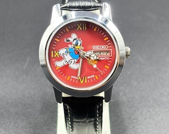 Klasyczny męski zegarek na rękę Seiko Donald Duck Tiffany z czerwoną tarczą i wskaźnikiem daty i dnia tygodnia, z automatycznym mechanizmem