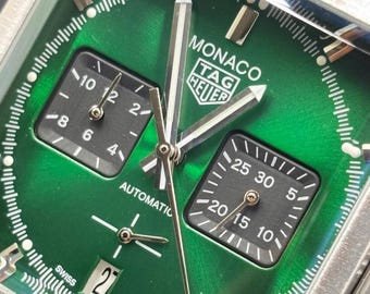 Odnowiony męski zegarek na rękę Tag Monaco z zieloną tarczą i wskaźnikiem daty, mechanizm kwarcowy