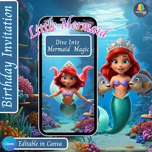 May include: A digital invitation featuring a Little Mermaid theme. The design includes a cartoon mermaid with red hair, a purple seashell top, and a teal tail. The invitation text reads "Birthday Invitation" and "Dive Into Mermaid Magic."