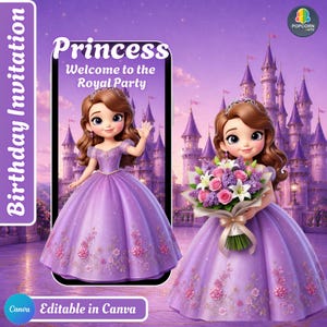 May include: A digital birthday invitation featuring a cartoon princess in a purple gown, with a castle backdrop. The text reads "Princess Welcome to the Royal Party." The invitation is editable in Canva.