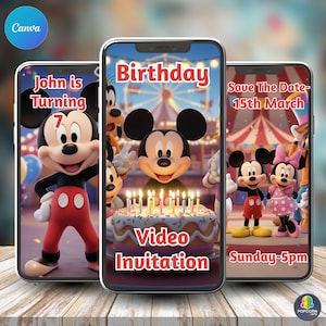 Könnte beinhalten: Drei Smartphones mit Geburtstagsvideoeinladungen. Die Bildschirme zeigen Micky Maus, einen Kuchen mit brennenden Kerzen und Text mit der Aufschrift "John is Turning 7", "Birthday Video Invitation" und "Save The Date - 15th March".