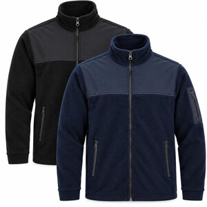 Veste polaire unisexe avec détails softshell, trois poches, noire ou marine, broderie en option