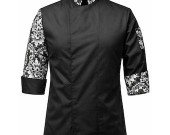 Patterned Chef Jacket, Black Professional Kitchen Uniform, Unisex Embroidered Coat