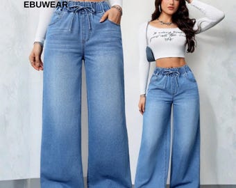 Women’s Blue Wide-Leg Jeans | Summer Casual Pants | Elastic Waist Denim Trousers with Pockets | Comfortable Everyday Wear