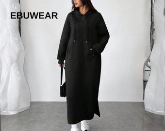 Women Black Hooded Sweatshirt Dress | Long Sleeve Knit Hoodie Dress | Oversized Casual Dress | Autumn Winter Fall Wear