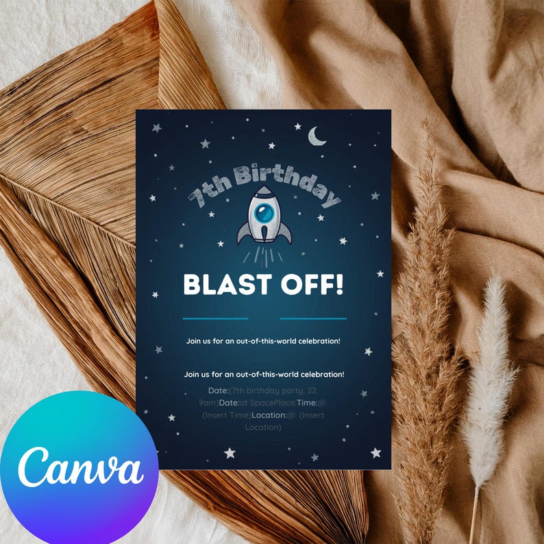 Rocket Inviation 7th Birthday Space Rocket Invitation, Blast off Party Invite (digital ...
