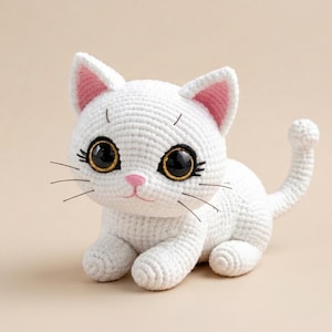 Puede incluir: Un gato blanco hecho a mano con orejas internas rosas, ojos negros y dorados y bigotes negros. El gato está sentado con la cola curvada hacia arriba. La nariz del gato es rosa.