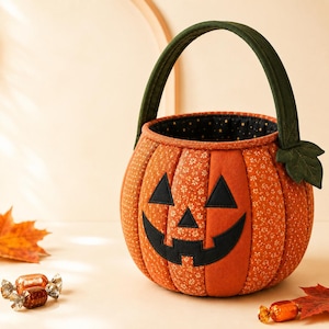 Peut inclure: Un panier citrouille en tissu matelassé avec un extérieur orange à motif floral et un visage de jack-o'-lantern noir. Le panier possède une anse vert foncé avec une feuille décorative et une doublure noire ornée de petites étoiles dorées.